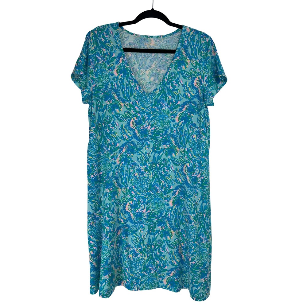 Lilly Pulitzer Etta T-Shirt Dress Blue Floral Pima Cotton Large Beachy Tropical